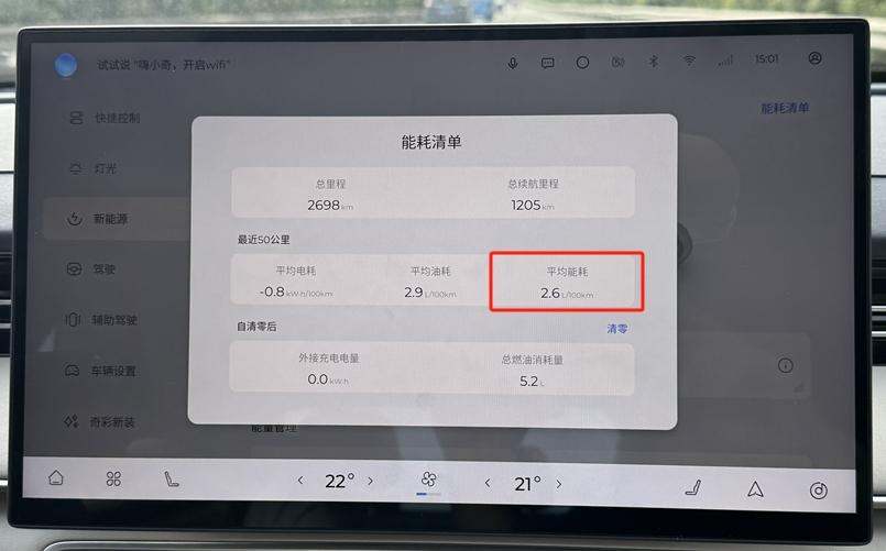 继续风云A8L能耗测试。从出发到现在跑了300km，表显百公里能耗2.6L/10