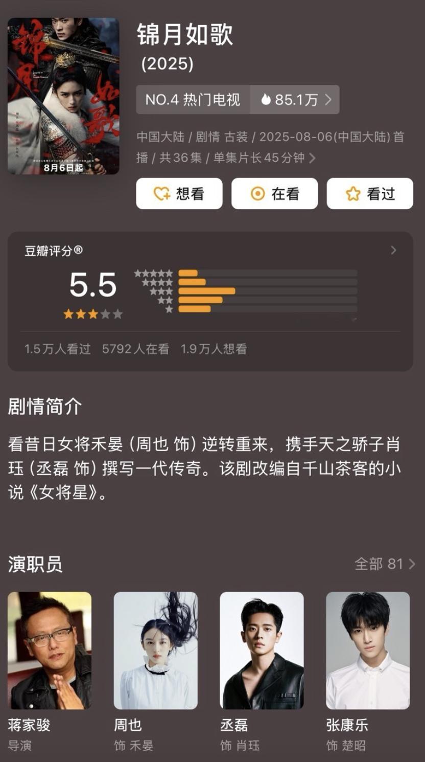 周也丞磊锦月如歌这么大ip，豆瓣开分只有5.5分，鹅赎罪吧，只会错误的选择演员，