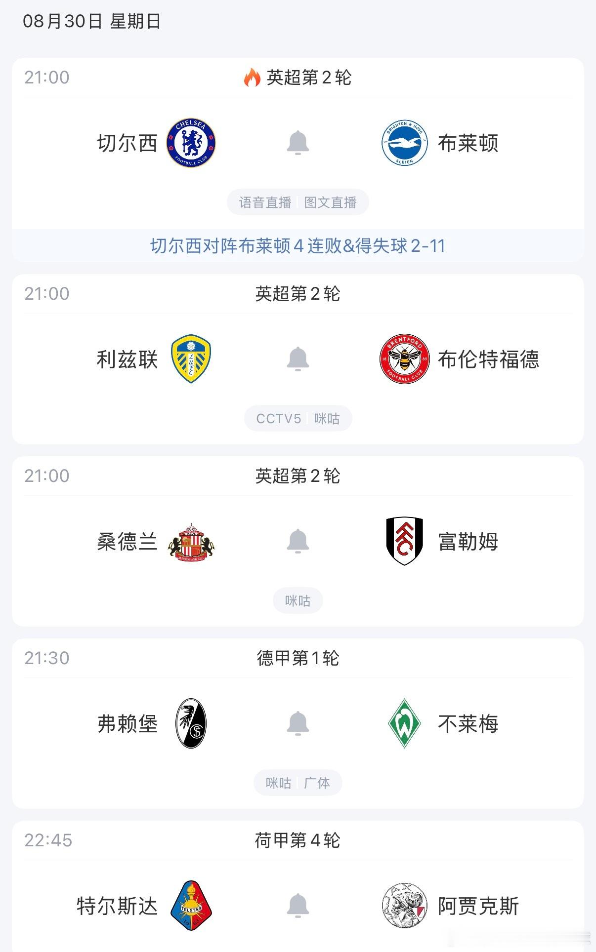 五大联赛战火重燃，全程免费高清直播：（复制到浏览器下载App）21:00  切尔