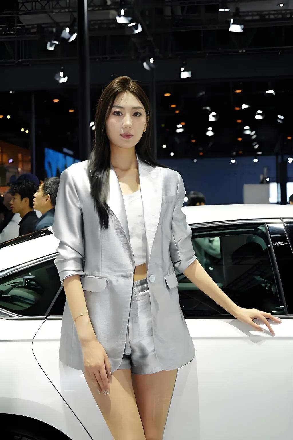 银色西装装美女车模倚白车，古风犹存意蕴长。