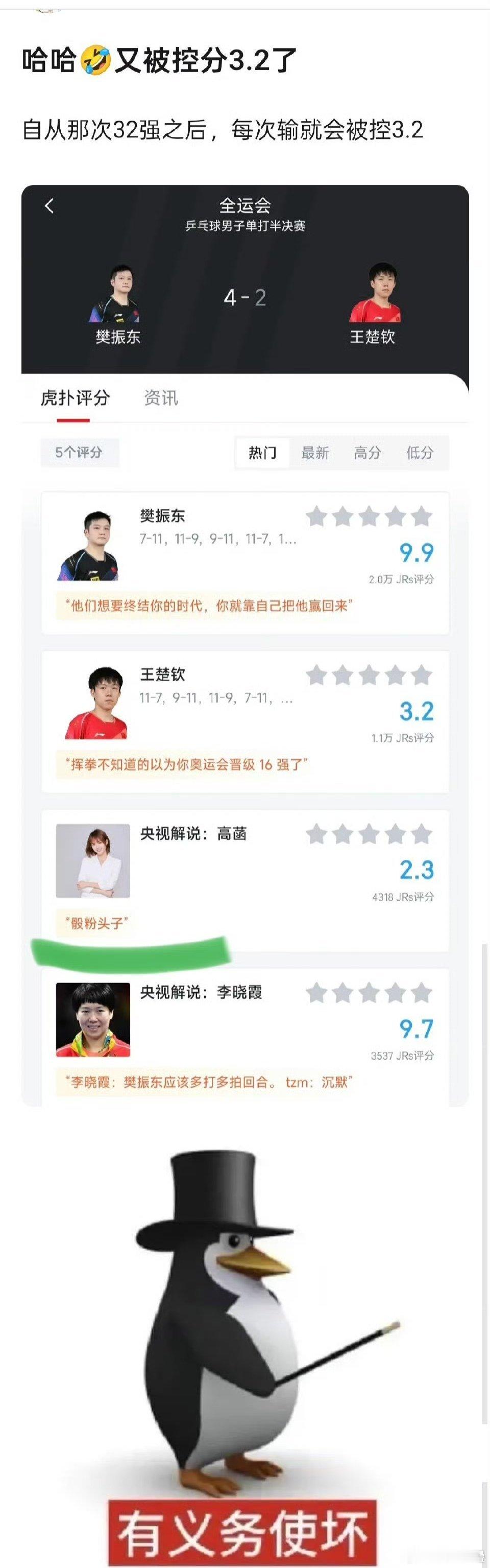 阴该的除了粉丝谁看得下去中国男单二号止步奥运32强啊除了粉丝女的更谁看不下去普男