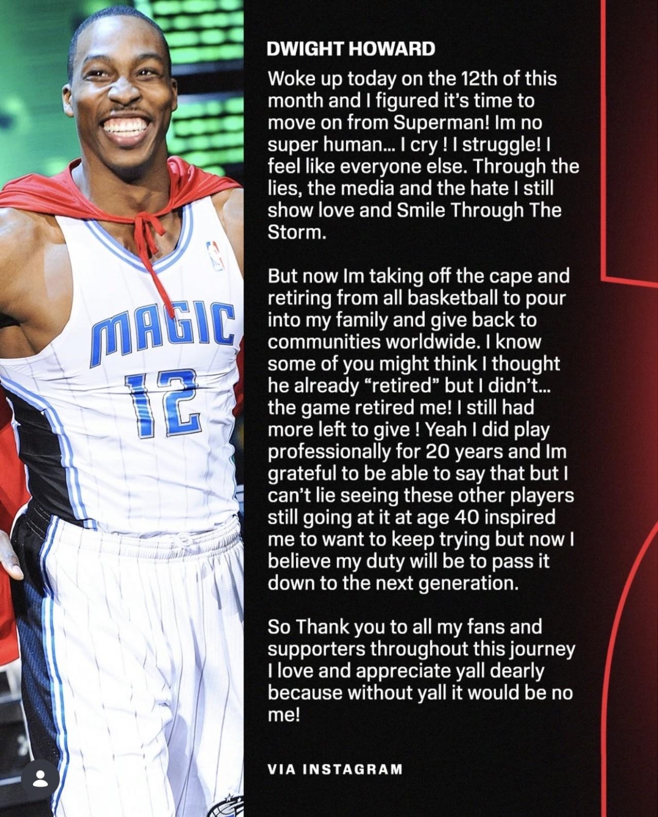 “魔兽”霍华德正式宣布退役，20年传奇落幕！

现年40岁的德怀特-霍华德今天发