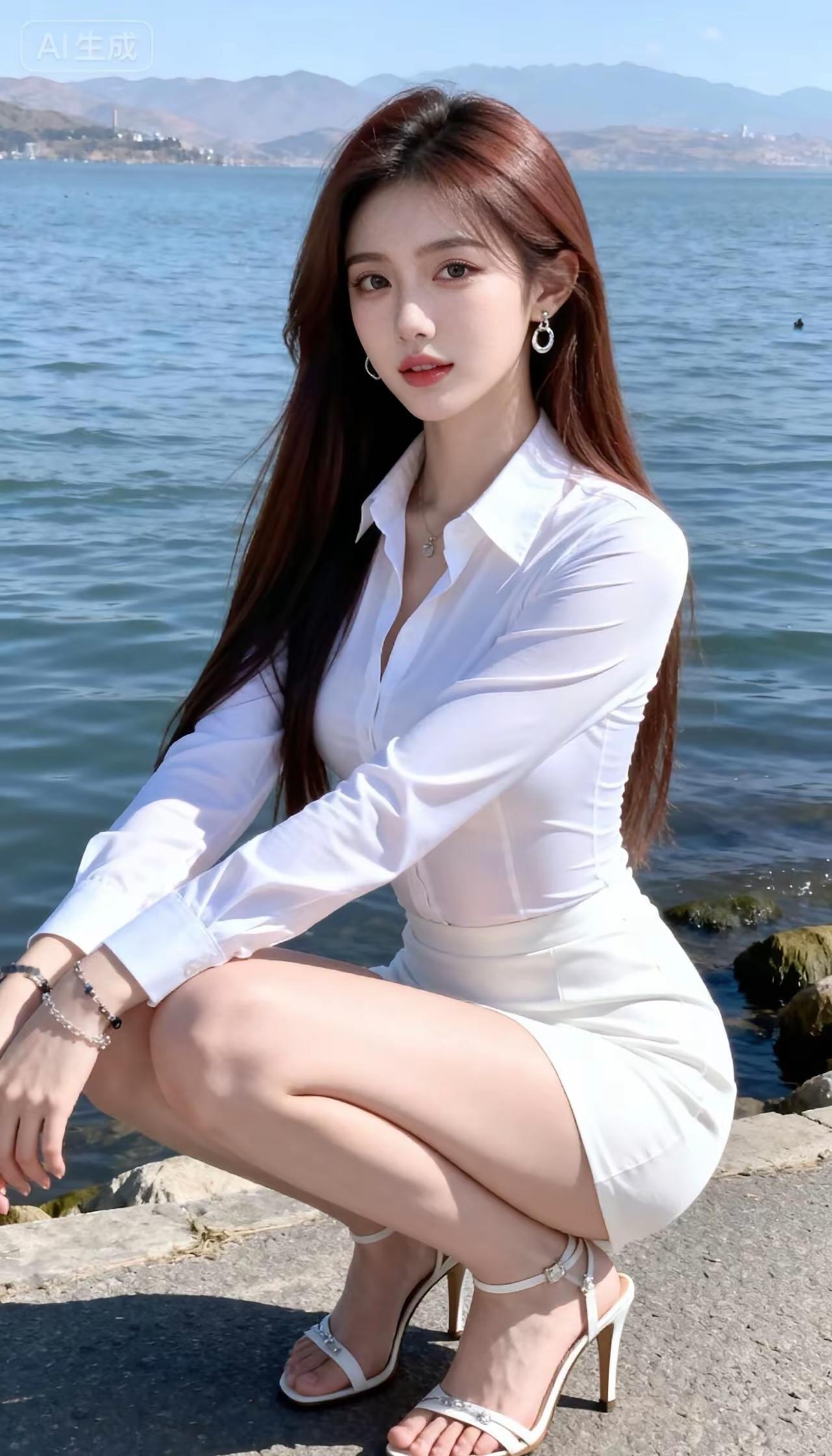 海边白裙少女，优雅气质满满