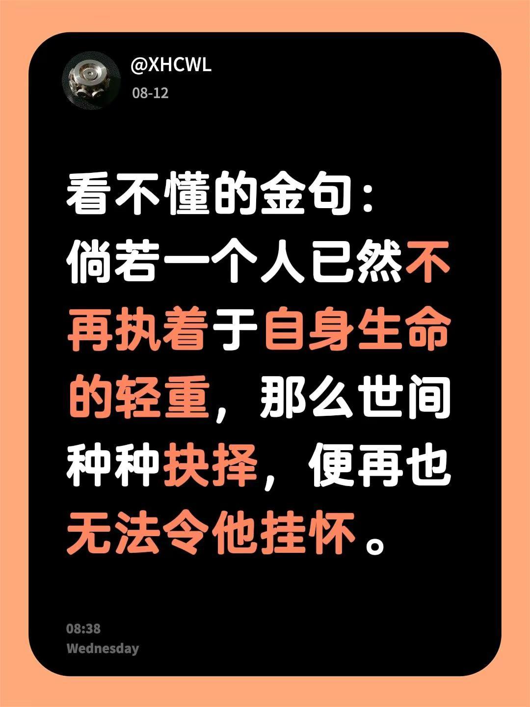 看不懂的金句：倘若一个人已然不再执着于自身生命的轻重，那么世间种种抉择，便再也无