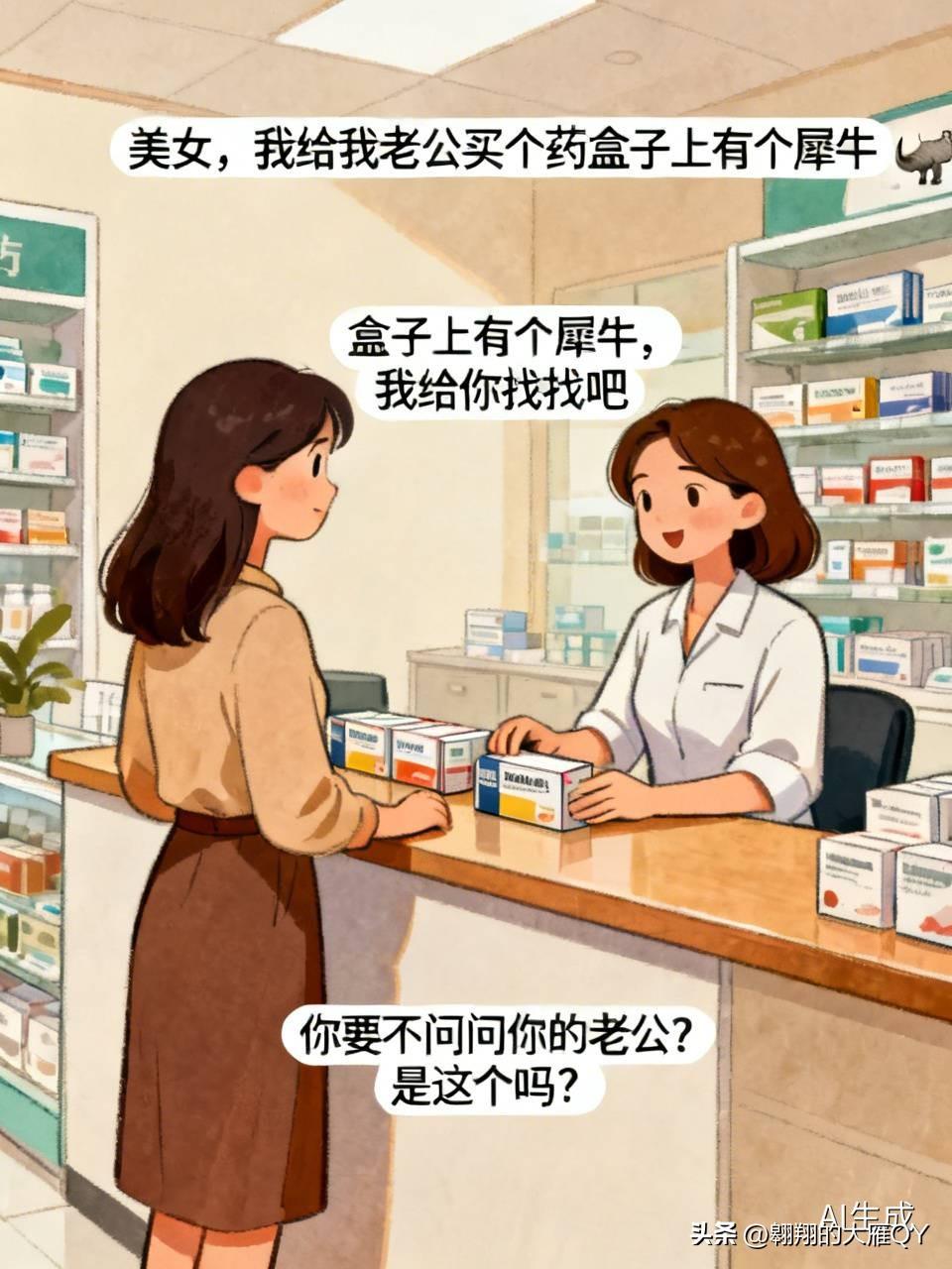 有个大姐急冲冲跑进药店，跟女店员说：“妹子，我给我老公买盒药，盒上印着犀牛。”