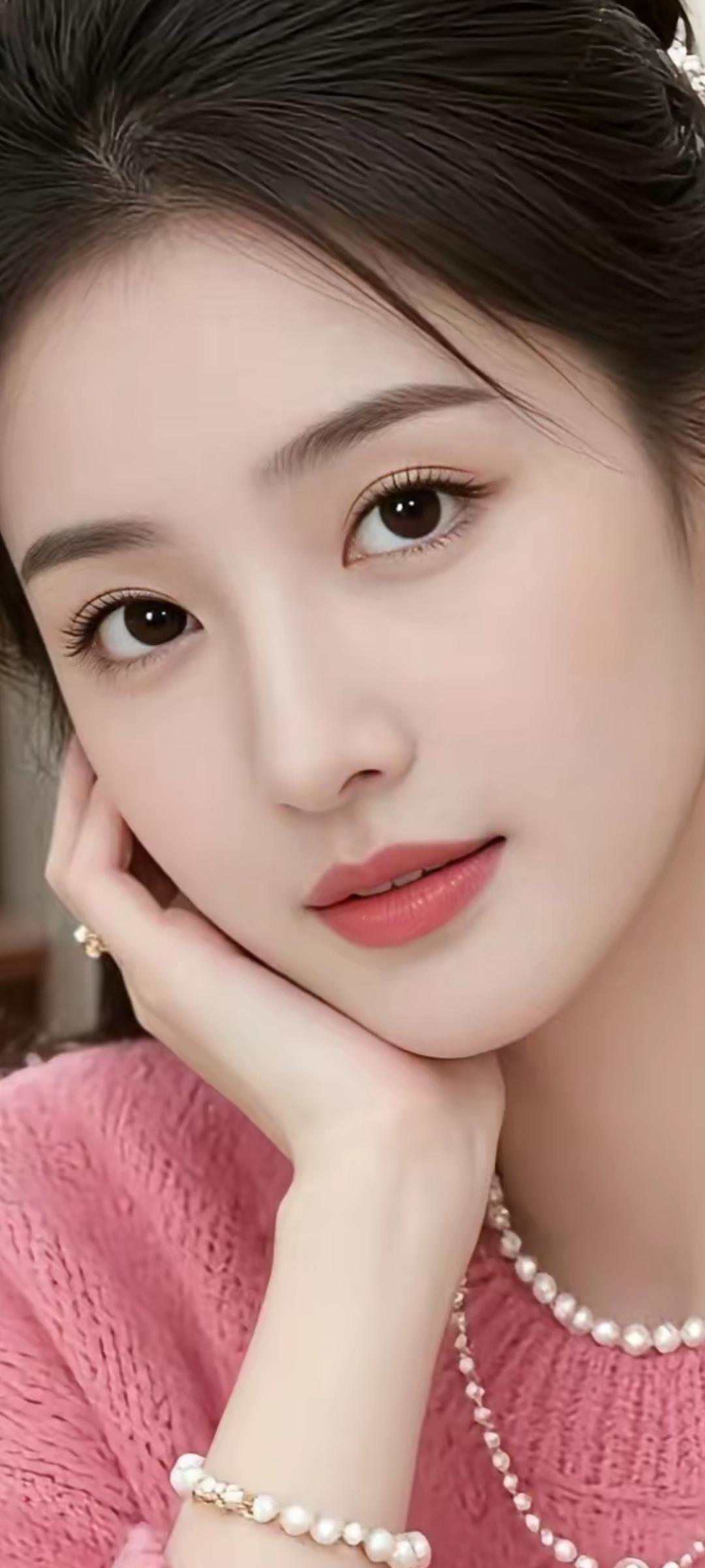 温柔甜美的少女，粉色的毛衣搭配珍珠首饰，散发着优雅的气息。