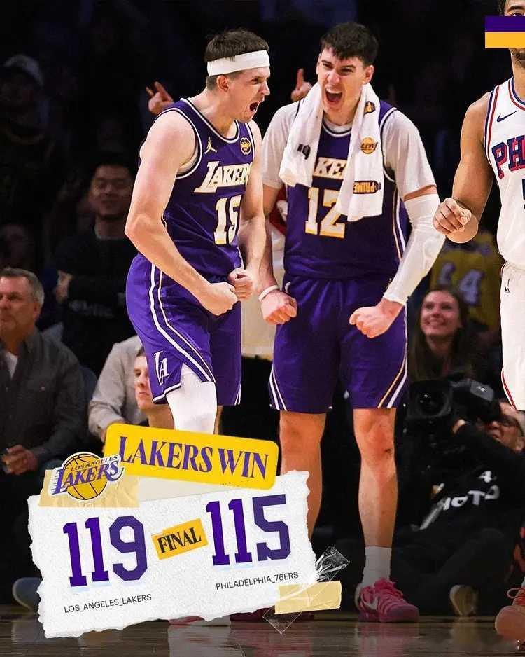 NBA常规赛继续进行，洛杉矶湖人队（31胜19负）拿到连胜。东契奇上半场因伤退场