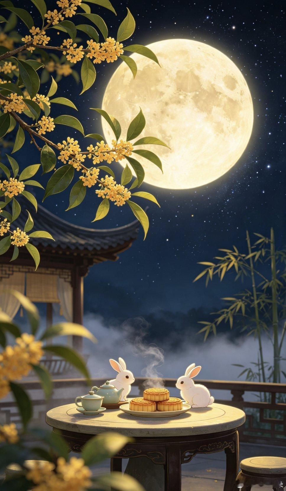 桂树飘香满院清甜～中秋佳节可爱卡通壁纸 