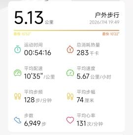 我的运动记录好久没跑步了，今晚选择快走温和重启锻炼。公园走完5.13公里，全程节