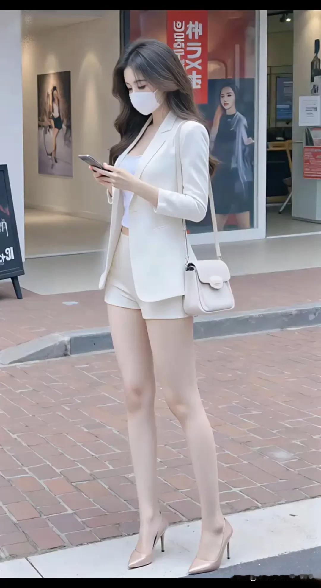 在街上碰到一位穿一身白色穿搭的女生，白色外套搭配白色短裤，整套搭配干净清爽，看着