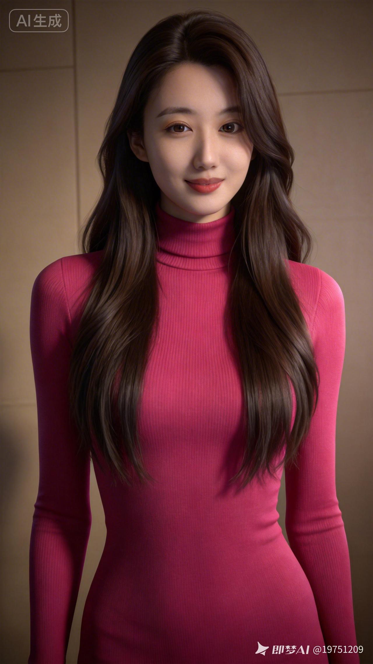 温柔甜美的粉色高领毛衣，搭配自然波浪发，尽显优雅气质！💖👗💄