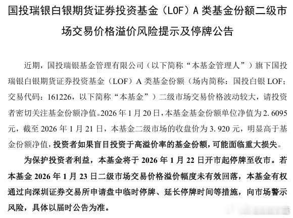 国投白银LOF1月22日停牌至收市还要继续杀溢价。 