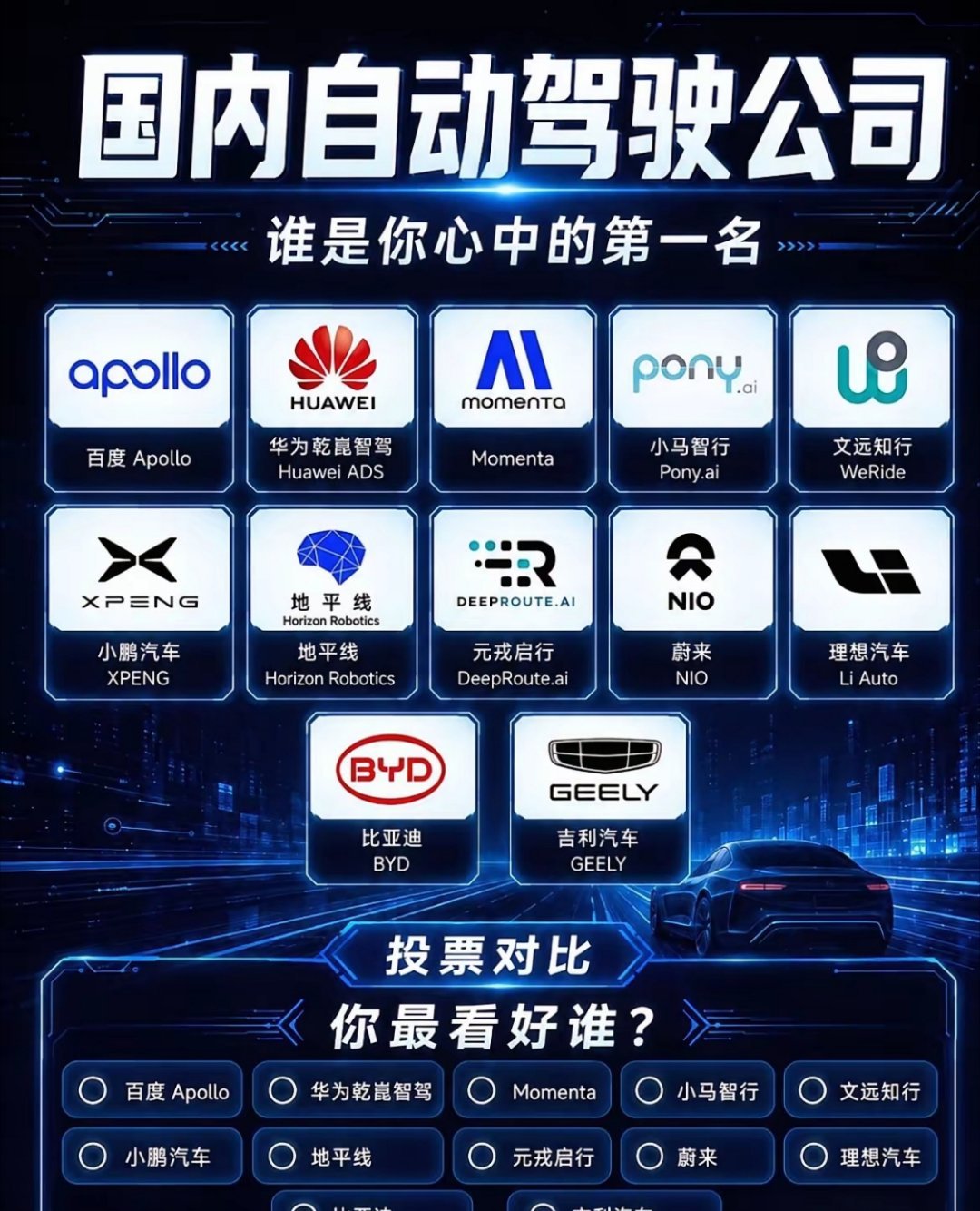 自动驾驶自动驾驶12家头部玩家，你更看好哪一家？第一种是专门做智驾方案的：百度A