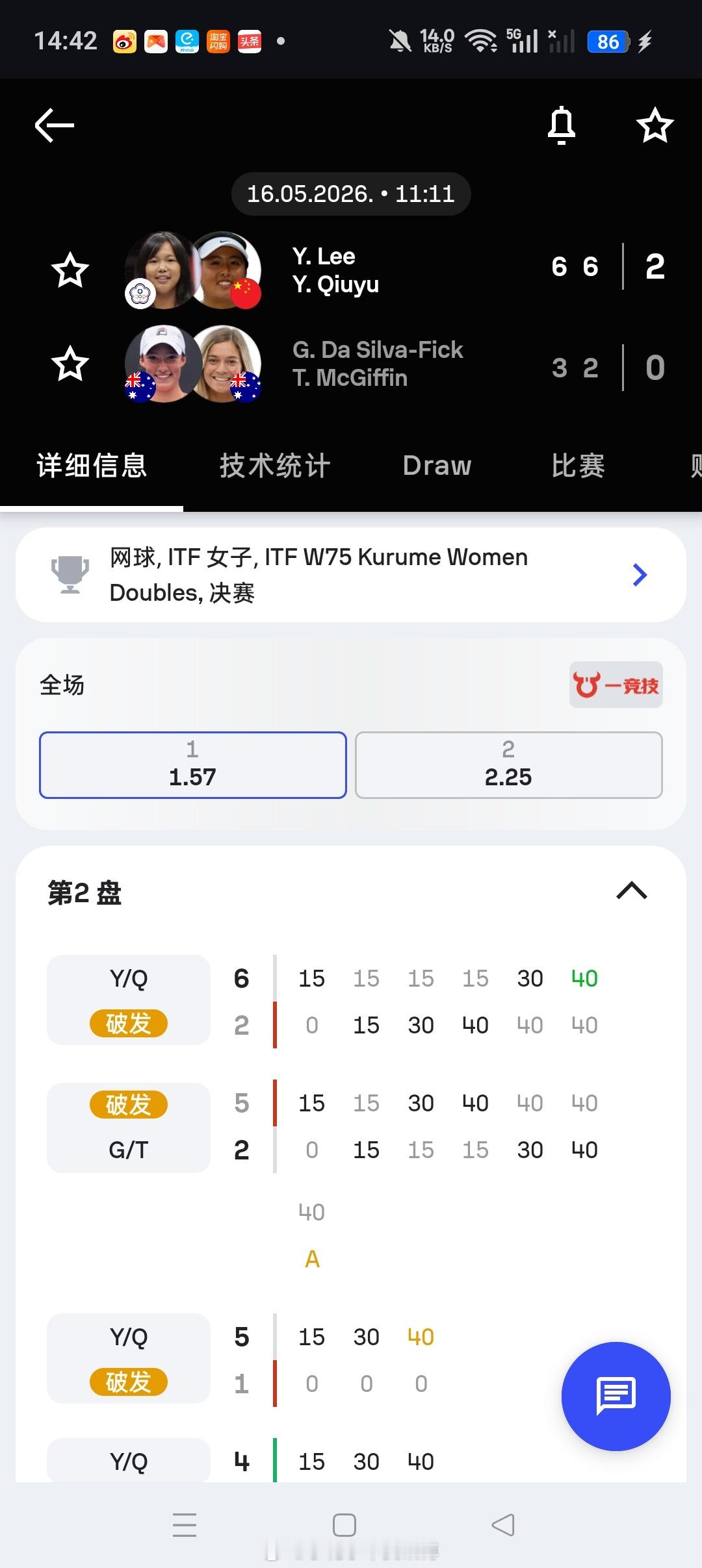 小花小草资讯 【🇯🇵久留米W75】女双决赛🇨🇳叶秋语/李亚芯6-36-2