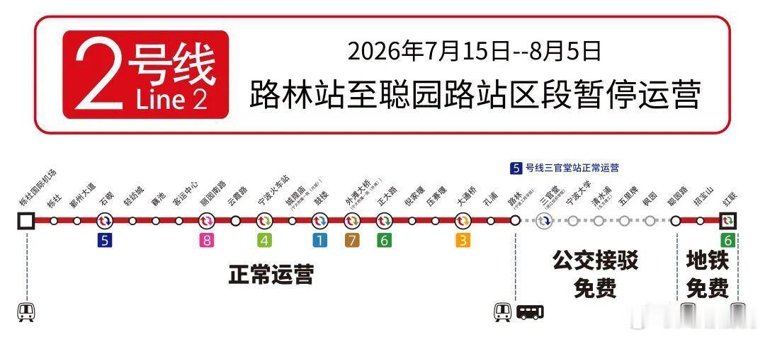 15日起宁波地铁2号线部分区段暂停运营 宁波地铁发布消息，受部分区段声屏障施工影