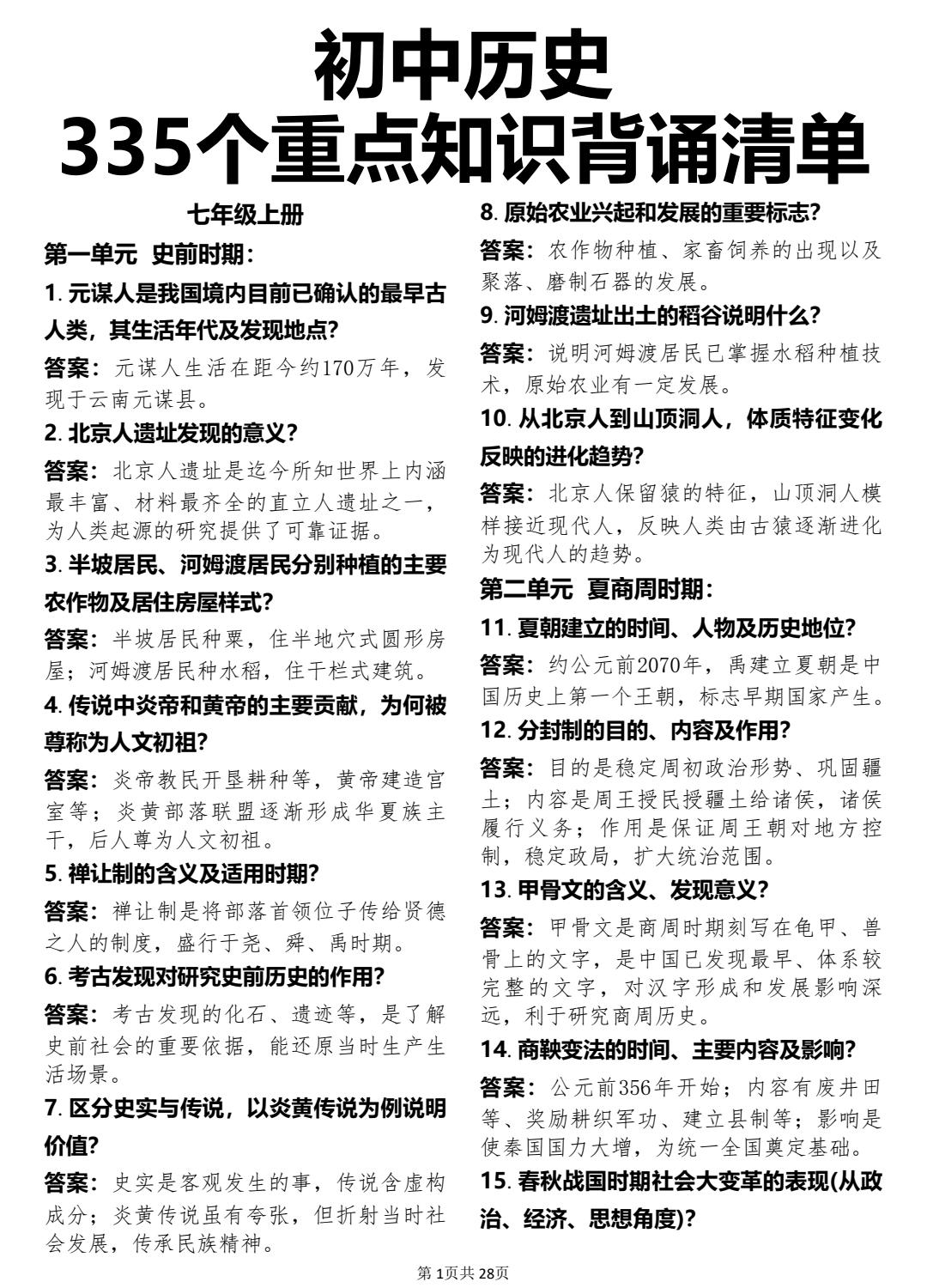 终于有人把初中历史六本书的335个常考简答题整理清楚了，共28页