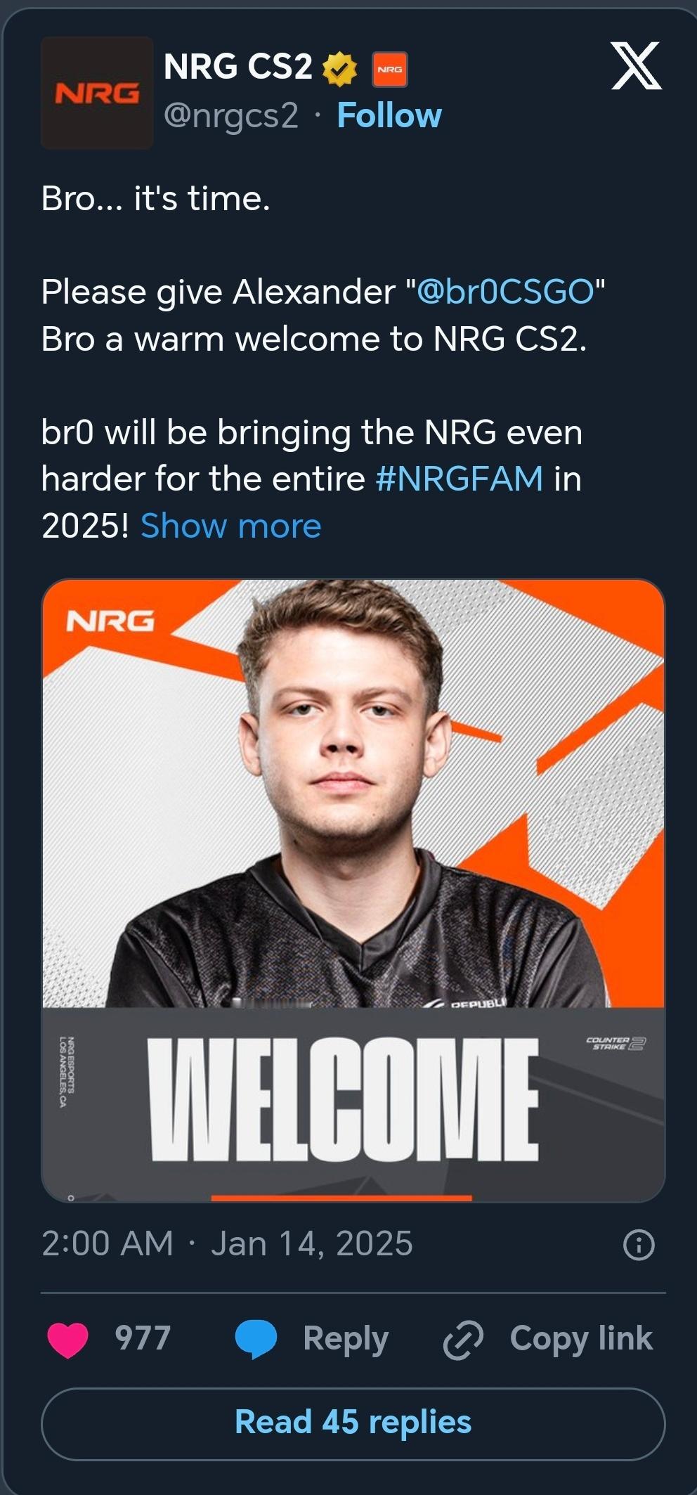 A大消息！NRG宣布签下前Astralis选手br0⁠，成为nitr0⁠领导下的