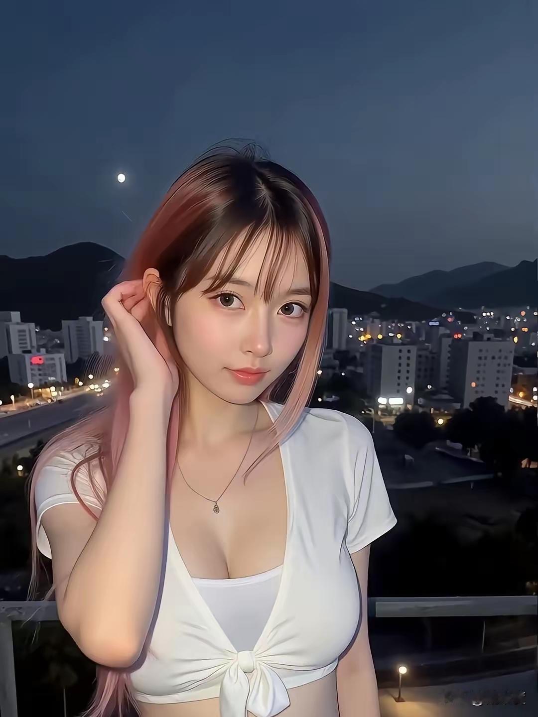 夜晚的阳台，少女与城市灯火相映成趣夜景气质少女 夜景女孩 夜中的美女 美女夜景 