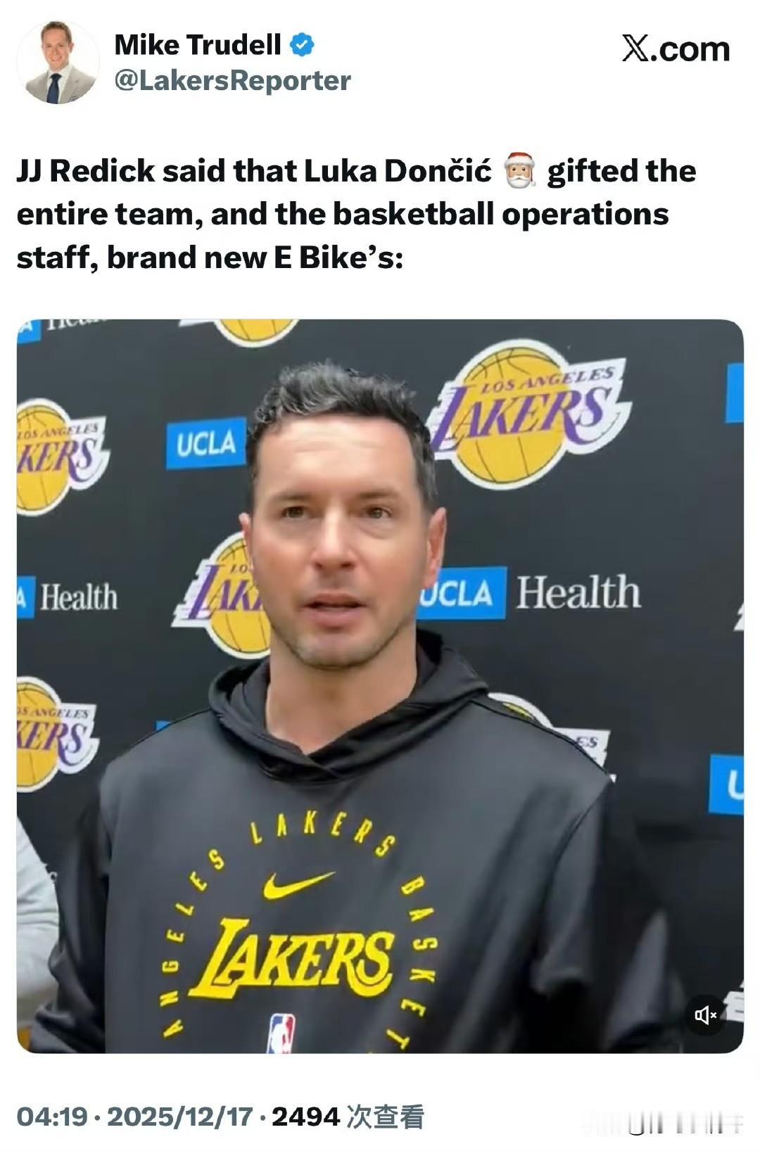 东契奇提前准备了圣诞礼物！！！湖人篮球团队所有成员都收到了一辆电动自行车！

东