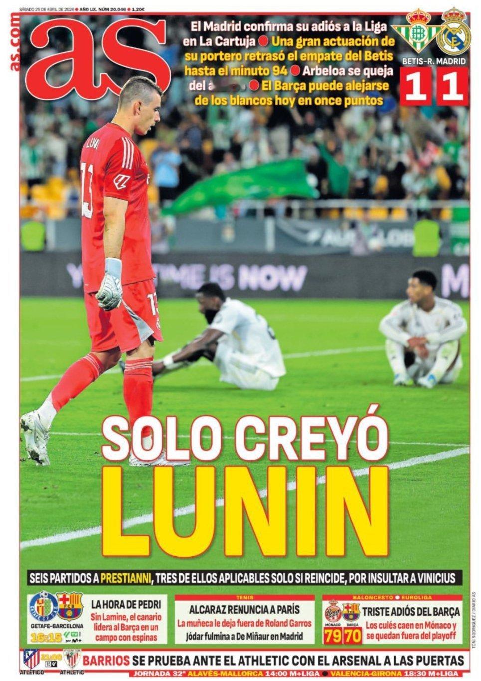 皇马 《阿斯》皇马告别西甲争夺卢宁的杰出表现把贝蒂斯的扳平推迟到94分钟阿韦罗亚