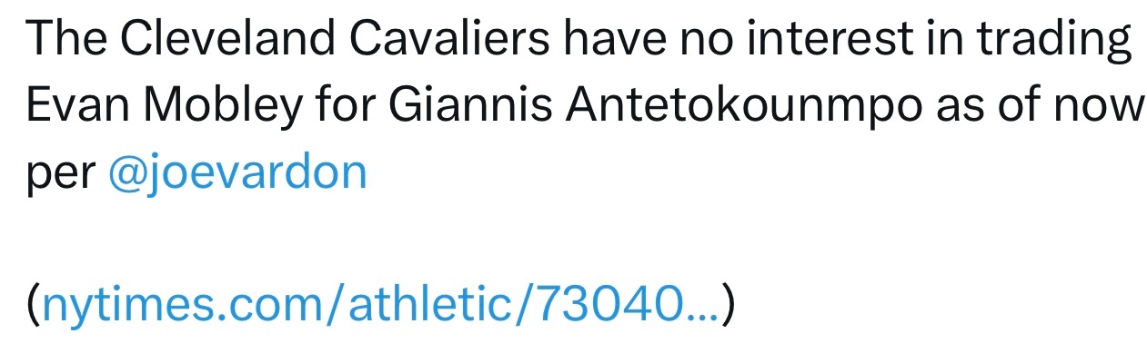 NBA记者Joe Vardon：骑士目前无意用莫布利去交易字母哥。 