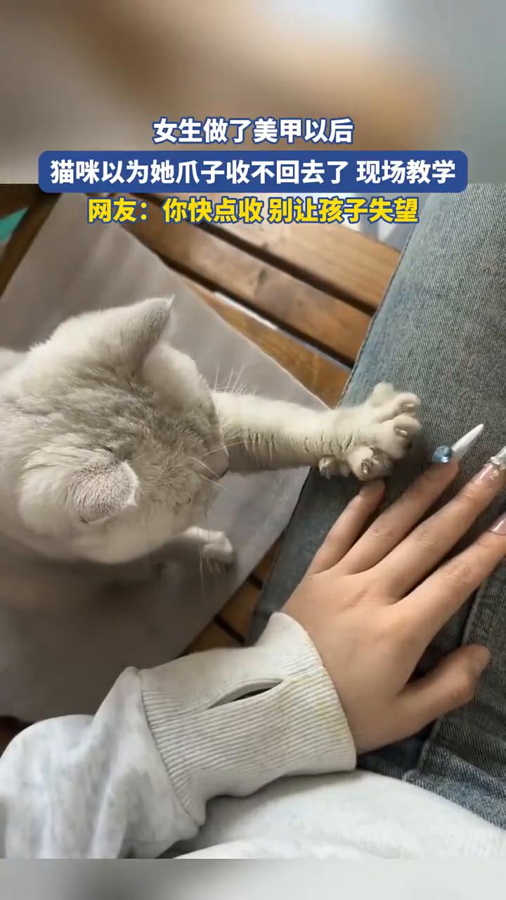 女生做了美甲以后，猫咪以为她爪子收不回去了，现场教学。
网友：你快点收，别让孩子
