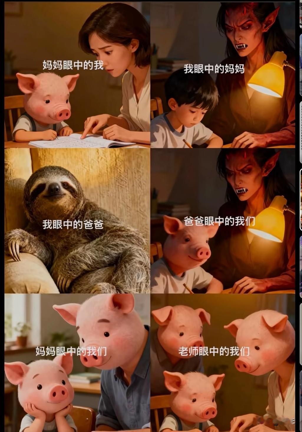 小朋友说这幅画太生动了，
和我们家的情况一模一样。
爸爸就是懒懒的树懒，
一写作