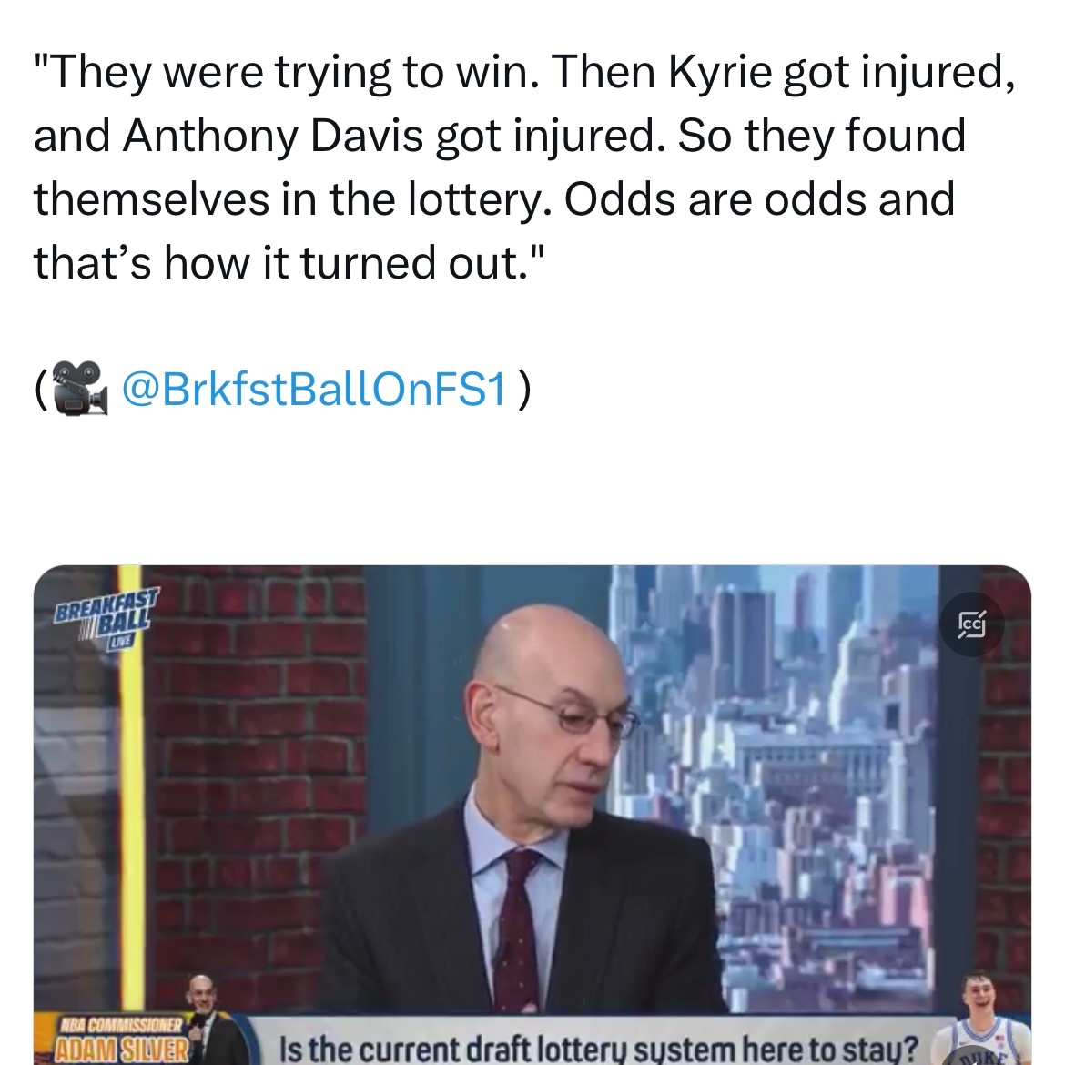 NBA总裁萧华表扬独行侠没有摆烂：“他们尽全力去赢球，然后欧文受伤了、浓眉哥也受