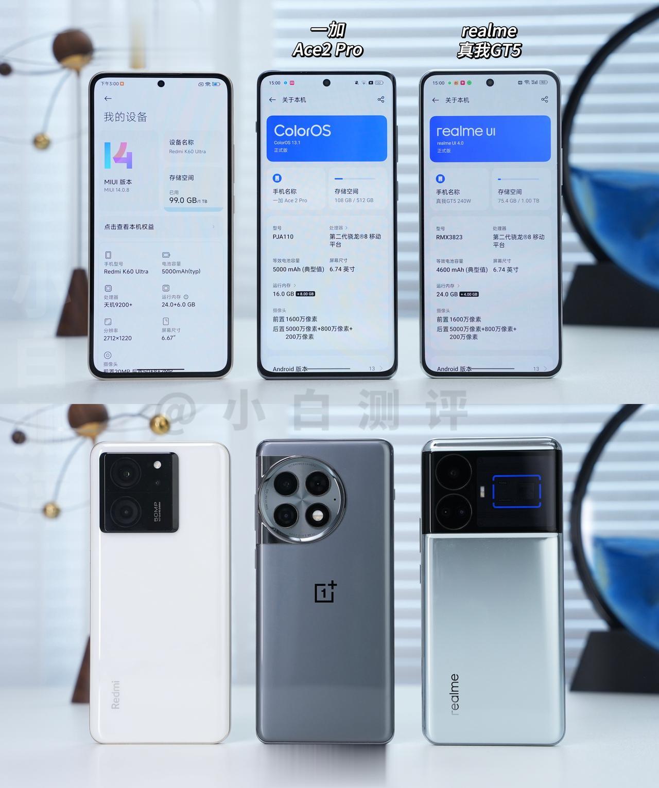 ①Redmi K60至尊版
②一加Ace2 Pro
③真我GT5
三台真机正面背