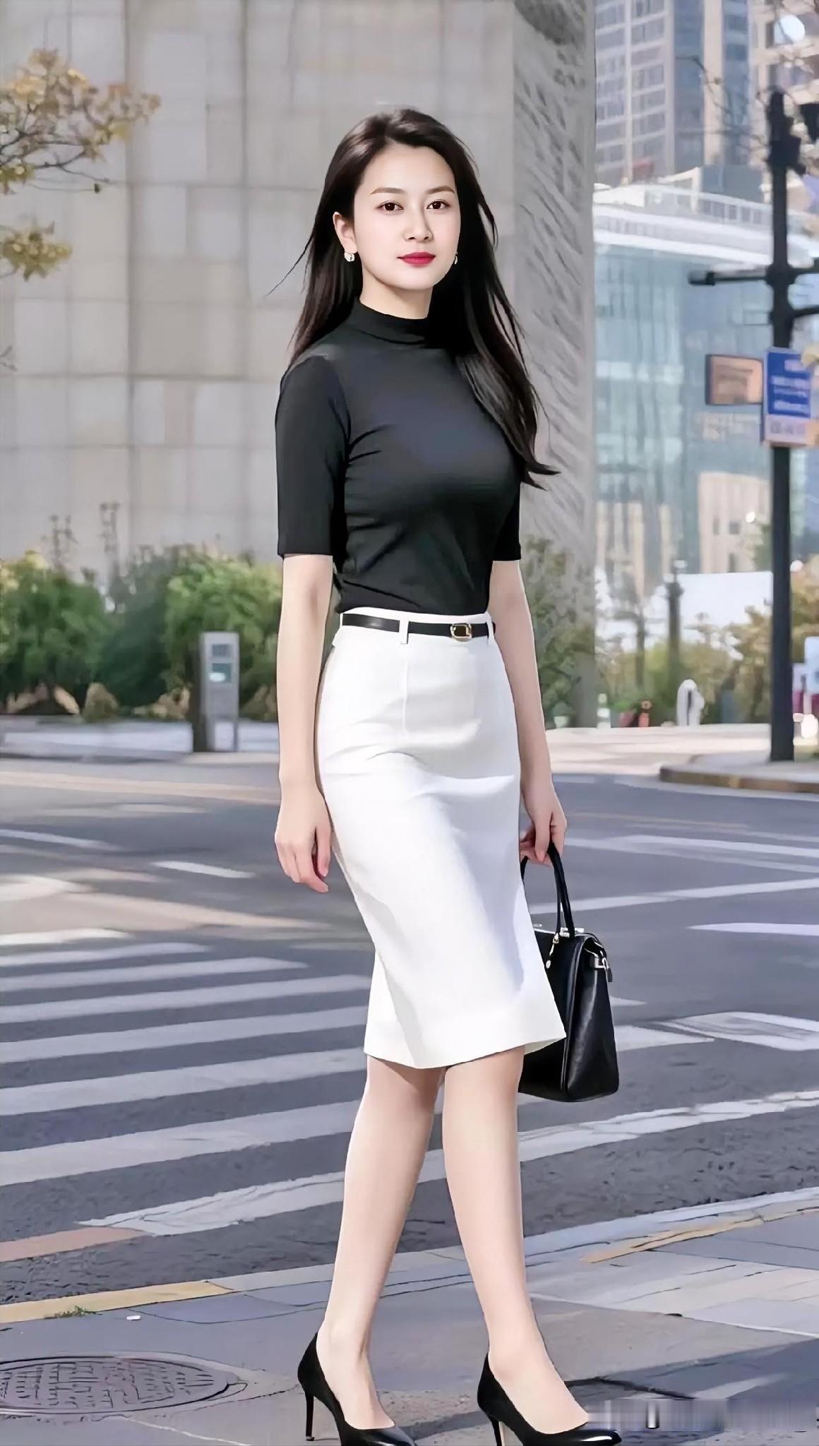 都市街头，黑白经典交织。简约包臀裙勾勒利落身姿，自信步履间，尽显优雅干练的职场风