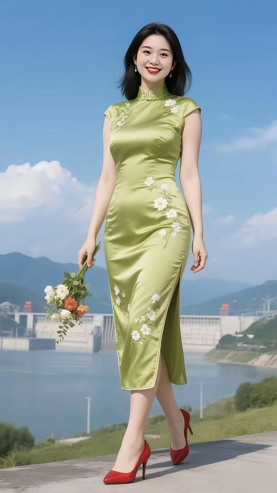 山坡羊·绿衣佳人
绿衣娇媛，
水滨凝盼，
花枝映日晴空灿。
翠衣翩，暗香传。
朱