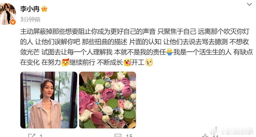 李小冉发文李小冉 让每一个人理解我不是我的责任 近日，因把微信删了引发“情商低”