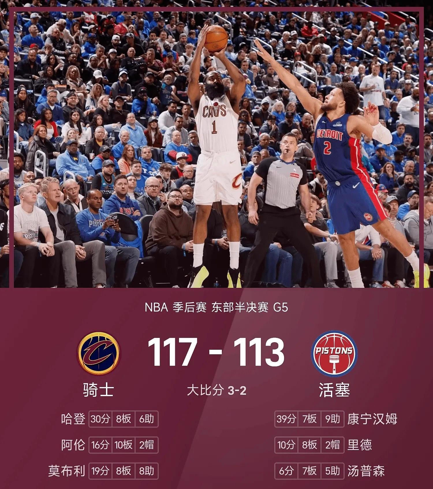 NBA东部半决赛G5天王山，活塞主场迎战骑士。半场活塞领先8分，第三节骑士单节净