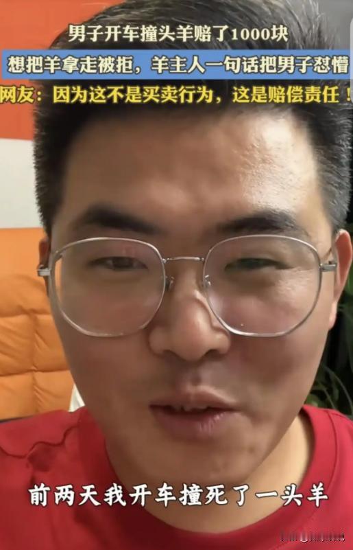 “破防了！”1男子开车，撞死一只羊，二人商量后，男子赔了牧民1000元，转身就要