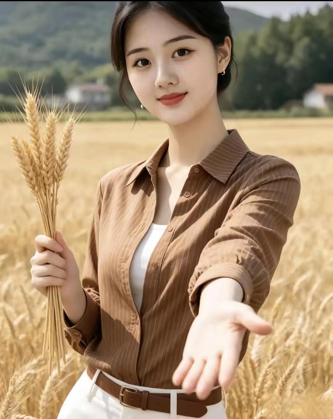 田园少女，手捧麦穗，微笑迎接美好时光。