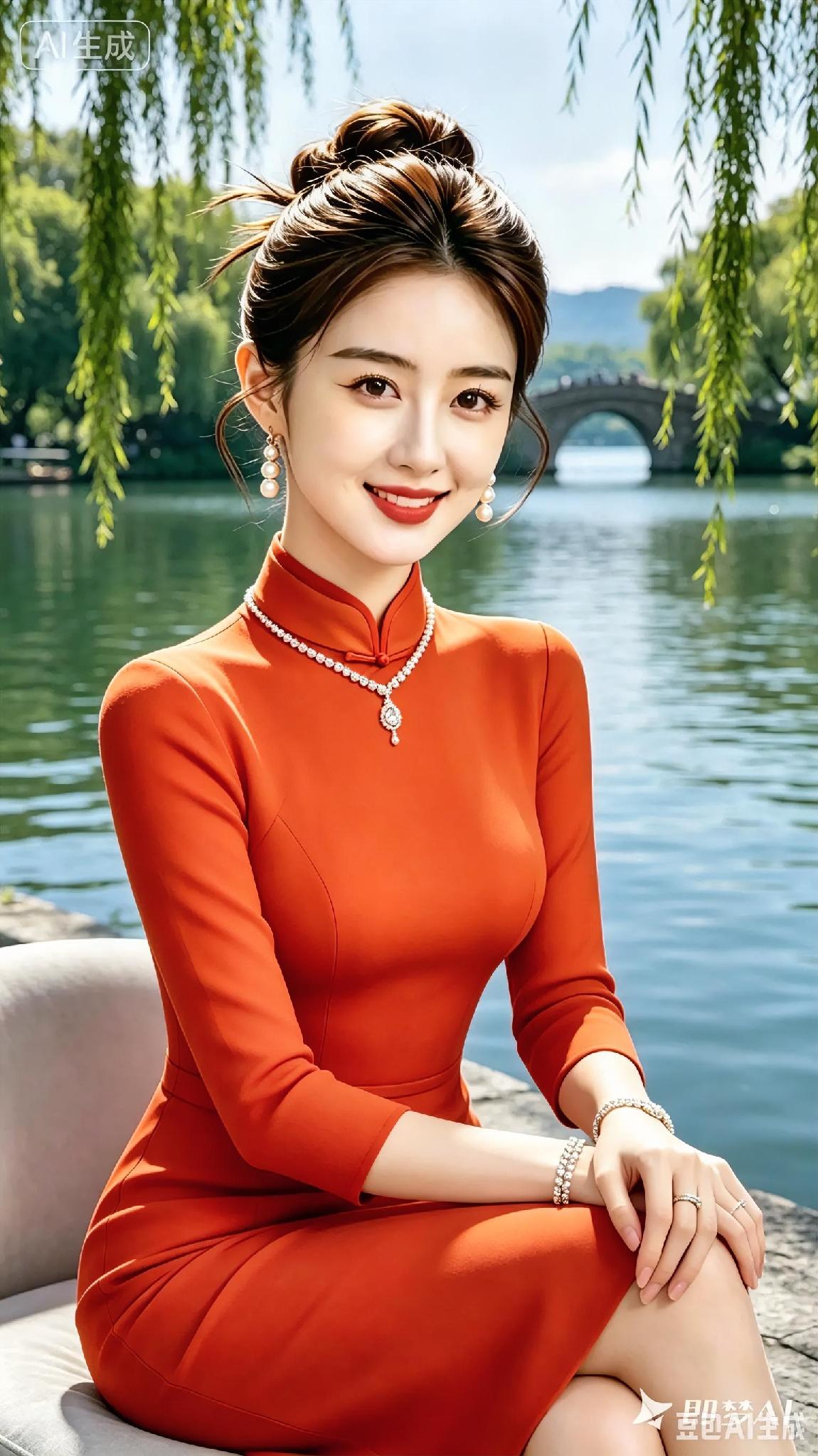 红衣美人倚桥畔，笑语盈盈映碧波。
湖边汉服美人 
红衣清韵 
水边美人图 
古典