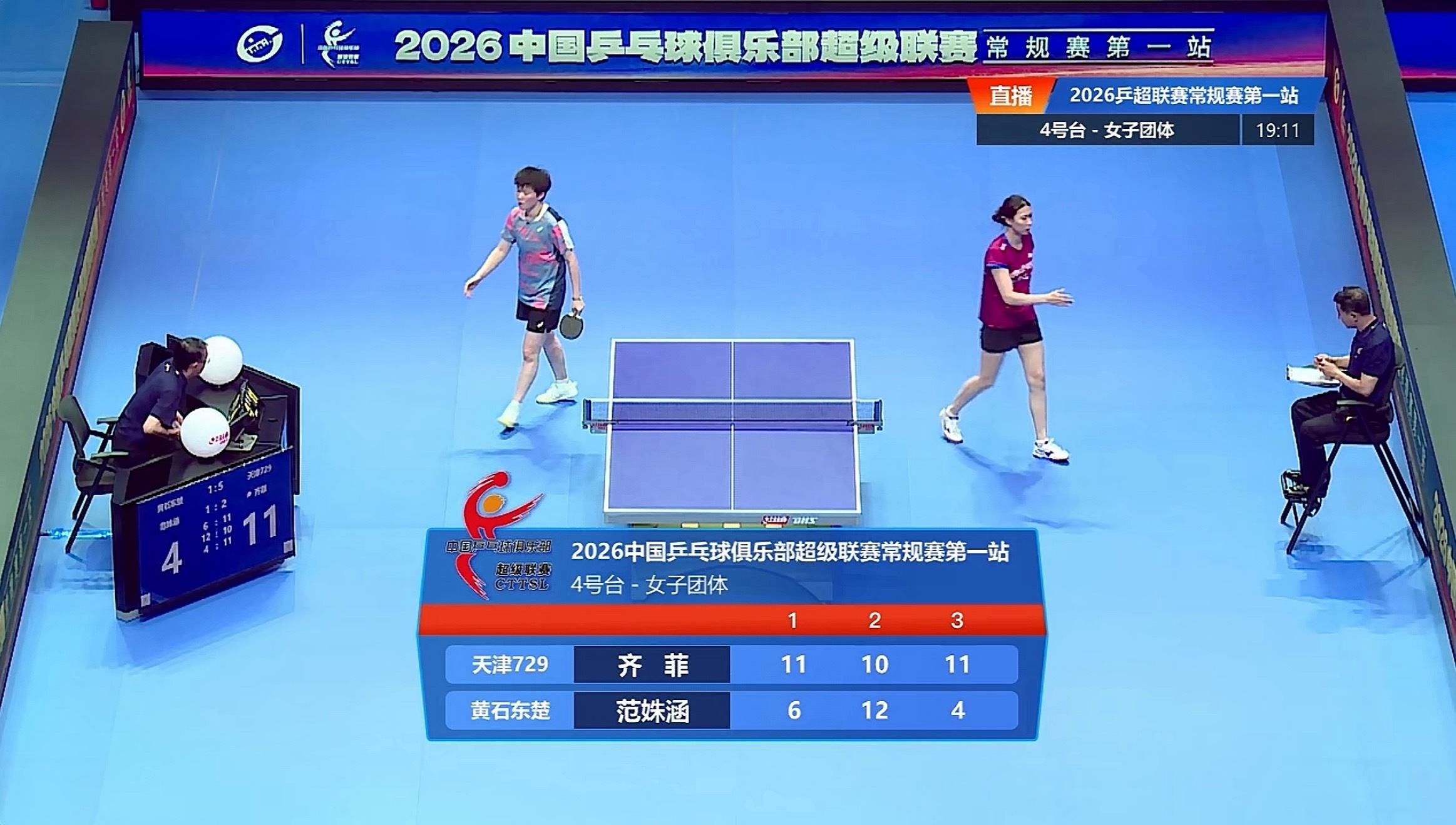 2026乒超联赛女子团体天津729 5-1黄石东楚齐菲2-1范姝涵（11-6 1