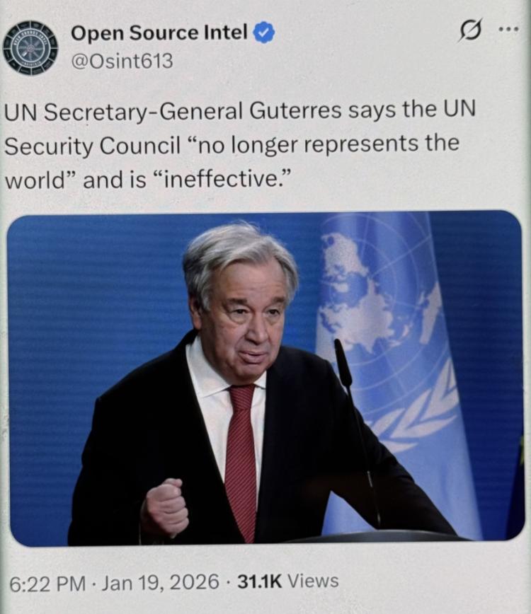 快讯！联合国秘书长古特雷斯表示，联合国安理会“已不再代表世界”，并且是“无效的”