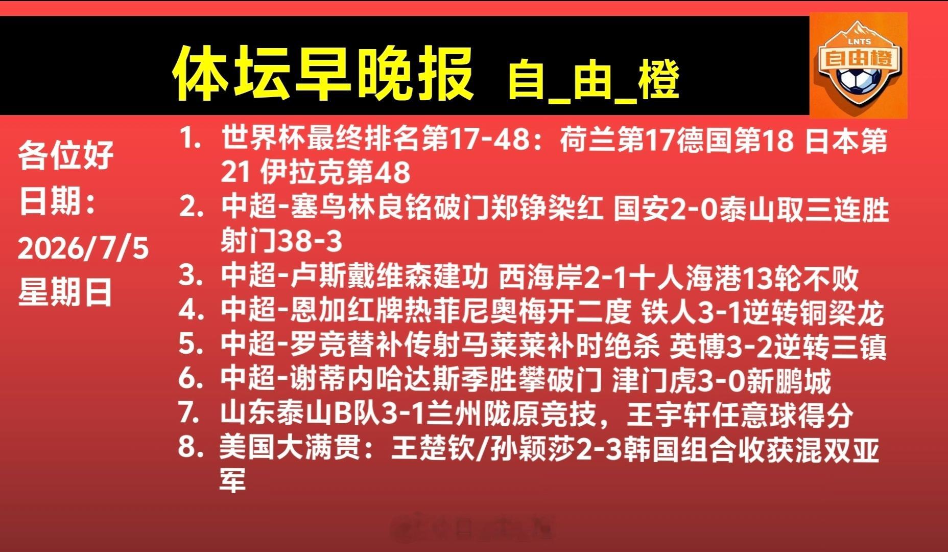 自由橙每日橙语体坛早晚报