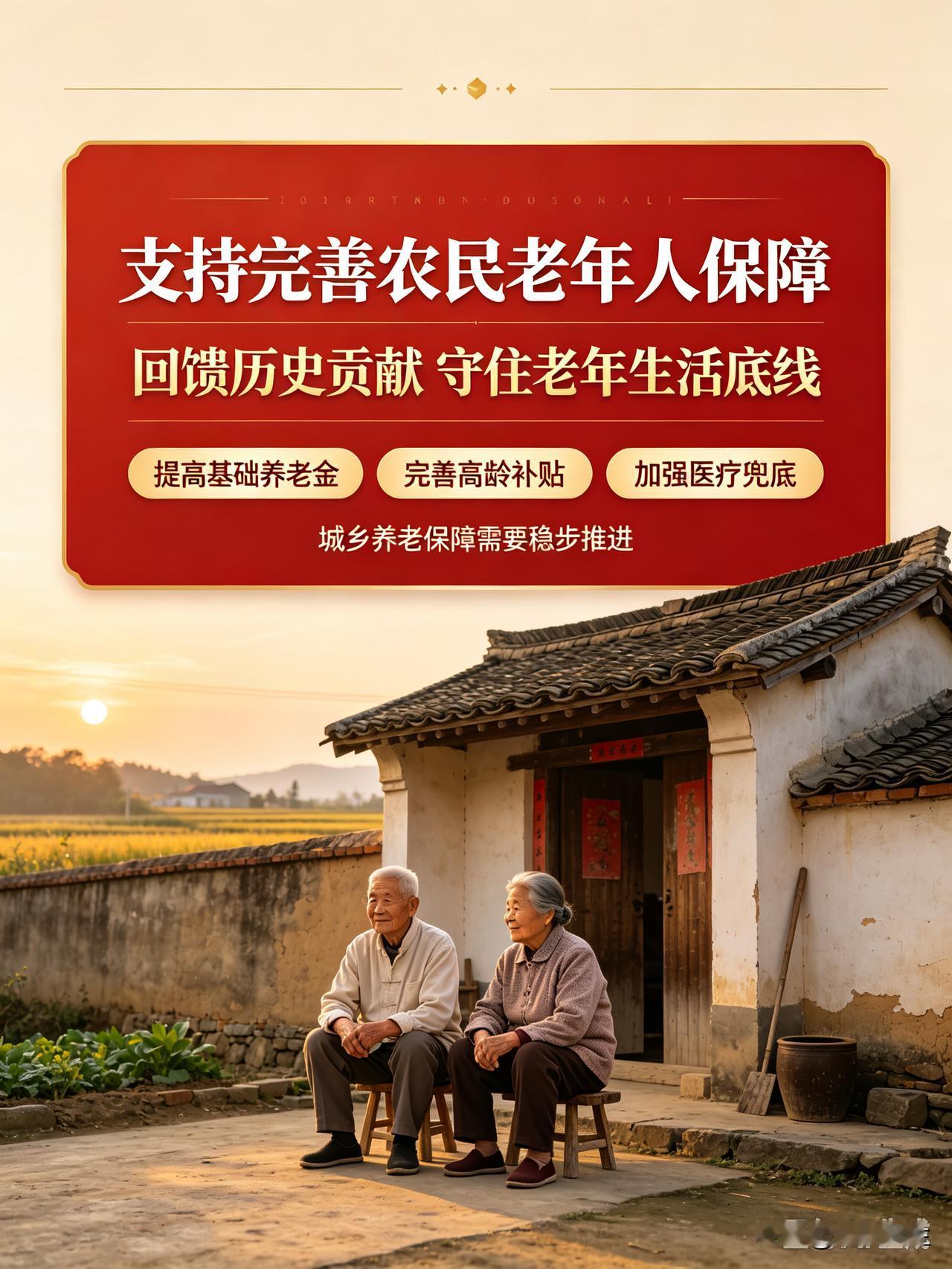 我支持完善农村老年人养老保障。老一辈农民曾经上交公粮、参与义务建设，为国家发展作