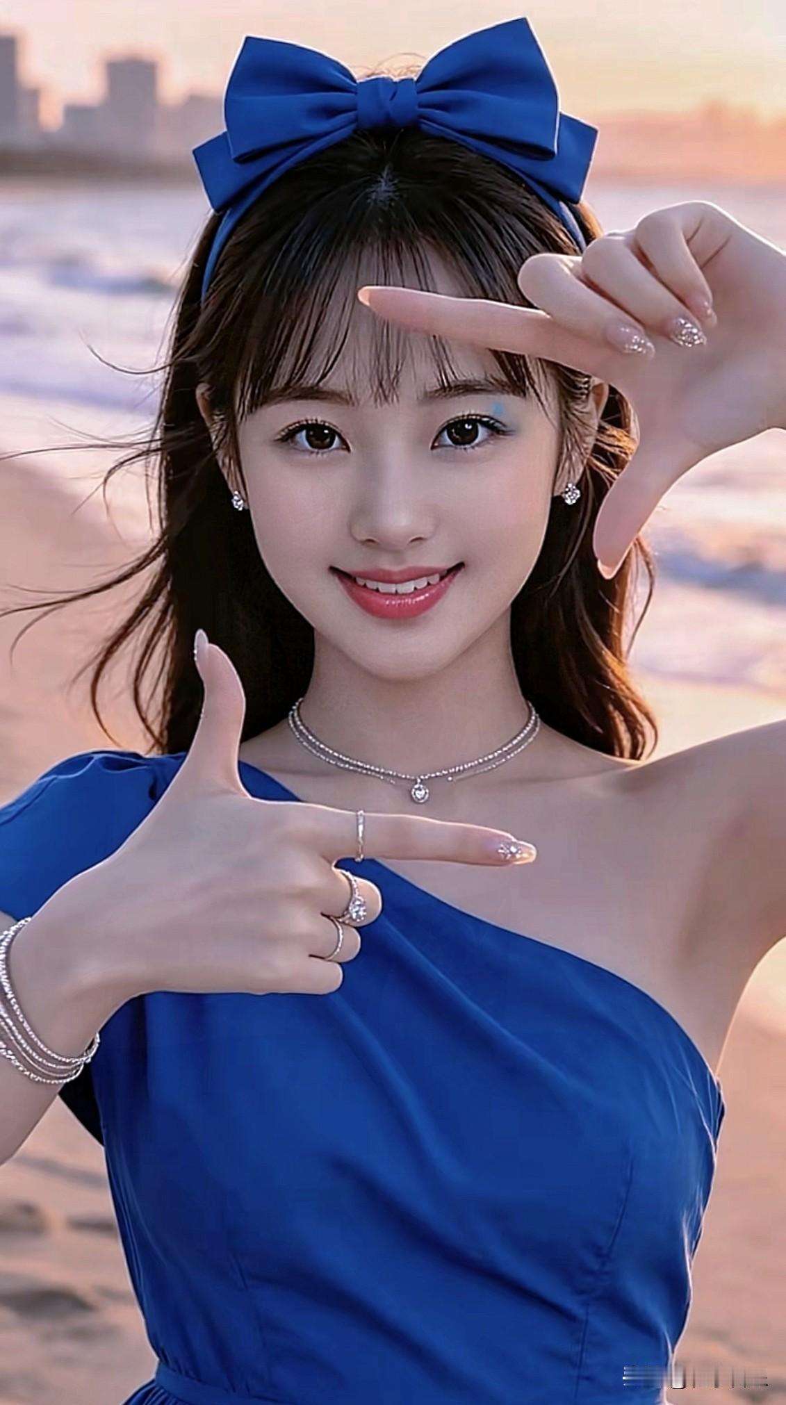 夏日海滩少女，蓝色连衣裙，甜美笑容，海风吹拂，心情舒畅！🌊💙😊  海边风光