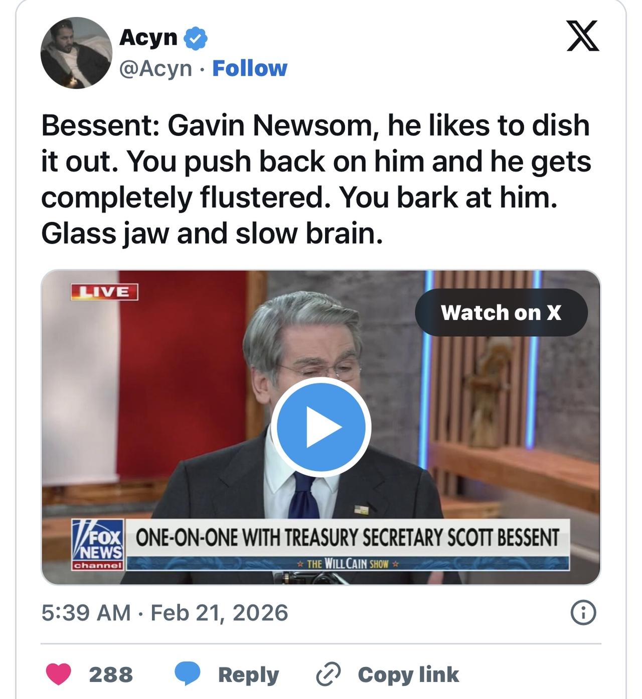 人身攻击

美国财政部长斯科特·贝森特猛烈抨击加州州长加文·纽森：“玻璃下巴，迟