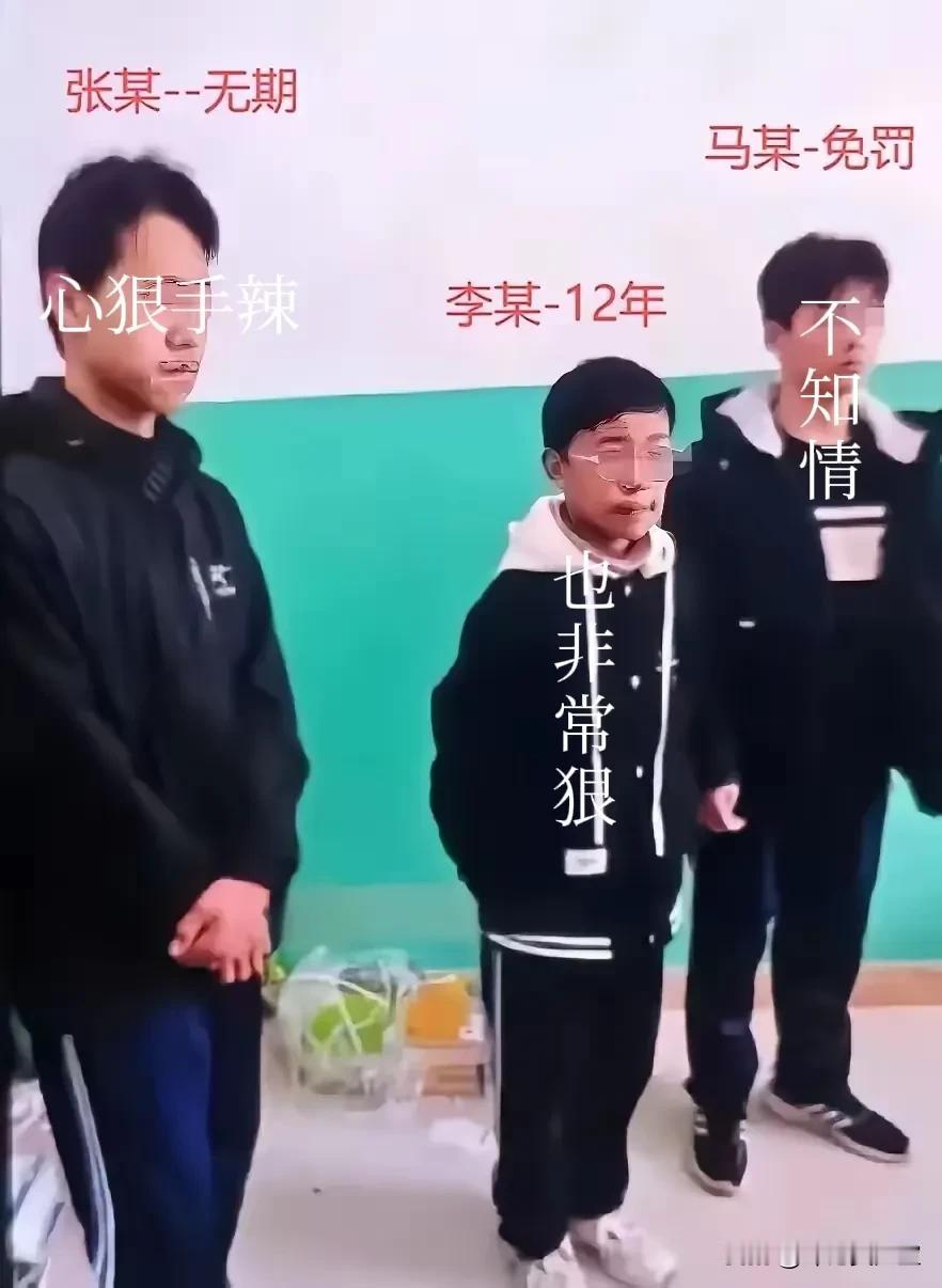 免于刑事处罚的，不是中间最小的李某，而是最左边那个马某；13岁的主犯张某被判无期