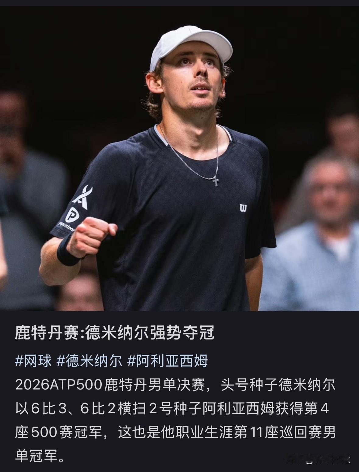 2026年ATP500鹿特丹站男单决赛，1号种子德米纳尔以6 - 3、6 - 2
