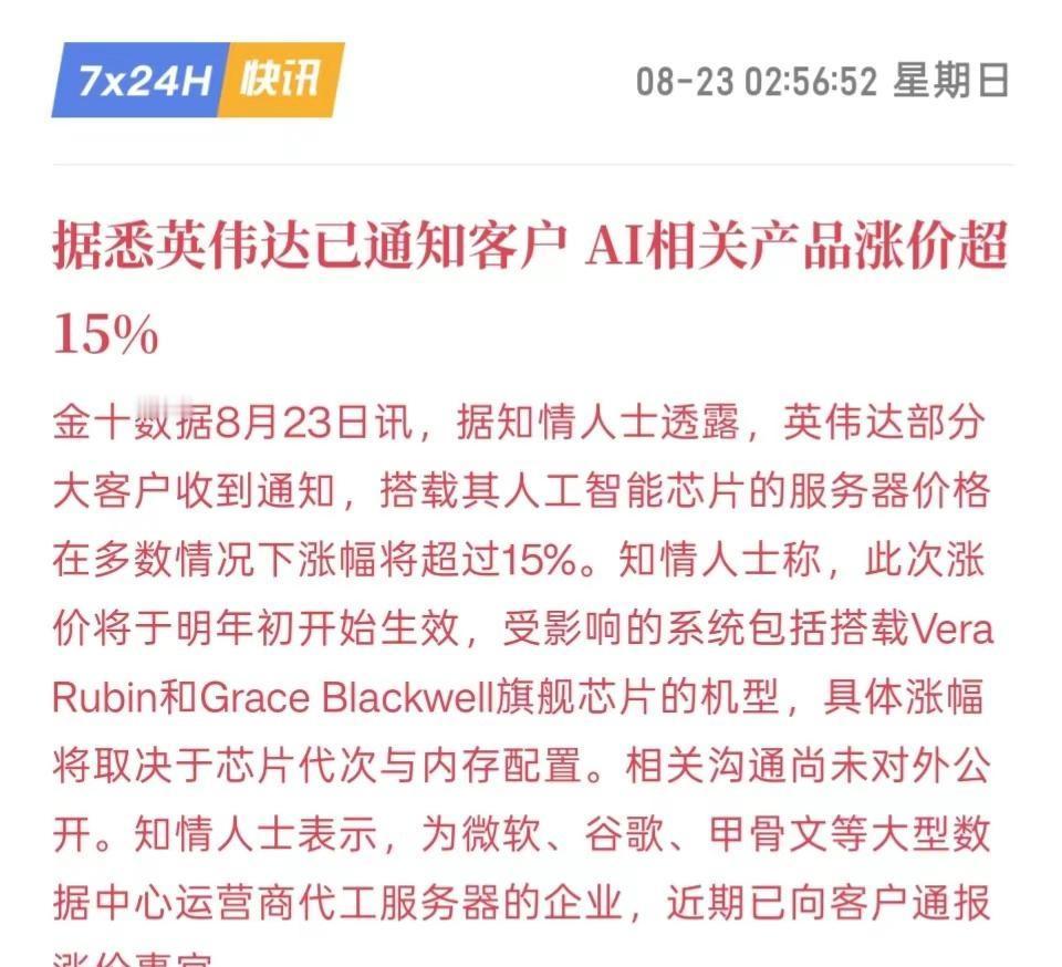 英伟达AI服务器传出涨价消息。消息显示，英伟达已经通知部分大客户，搭载AI芯片的