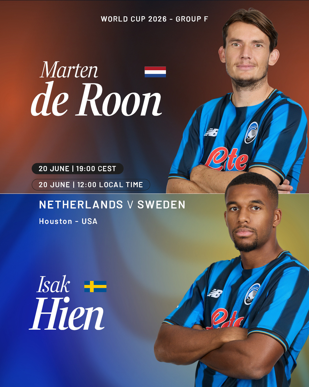 两名蓝黑战士同场竞技 🇳🇱🆚🇸🇪6月21日 1:00（北京时间）荷兰 