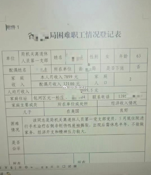 退休女子月入7899元填写困难职工 近日，网传安徽省药品监督管理局一份困难职工情