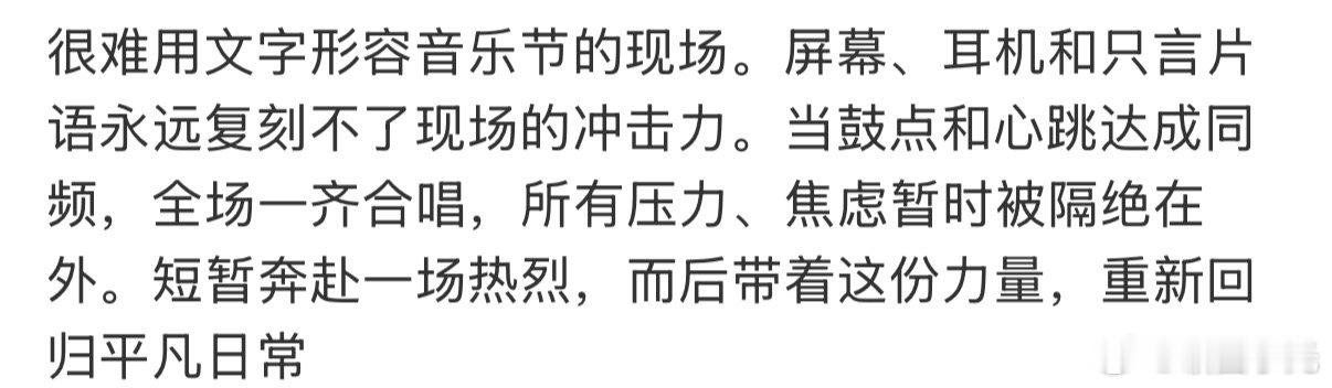 很难用文字形容音乐节的现场隔着屏幕永远无法共情，音乐节现场的自由与热烈，是再细腻