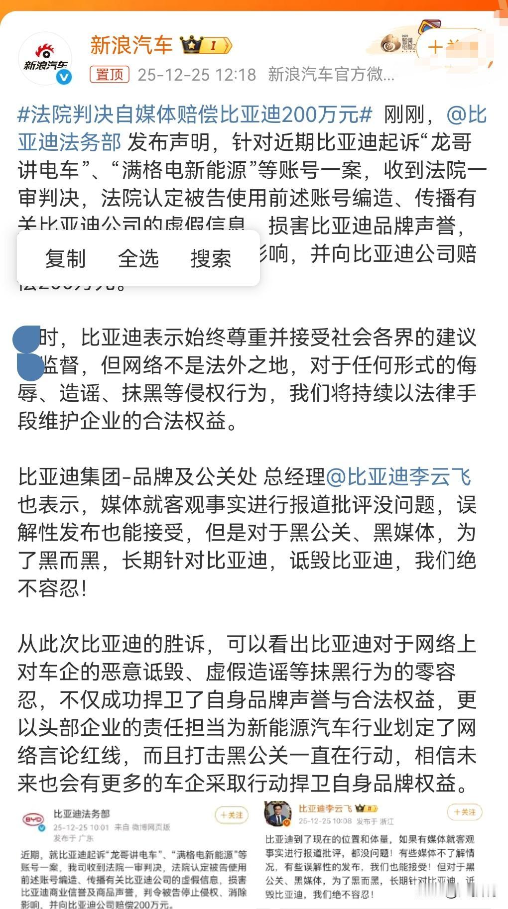 这下玩大了吧！
法院判决自媒体赔偿比亚迪200万元。
所以说网上不是法外之地，要