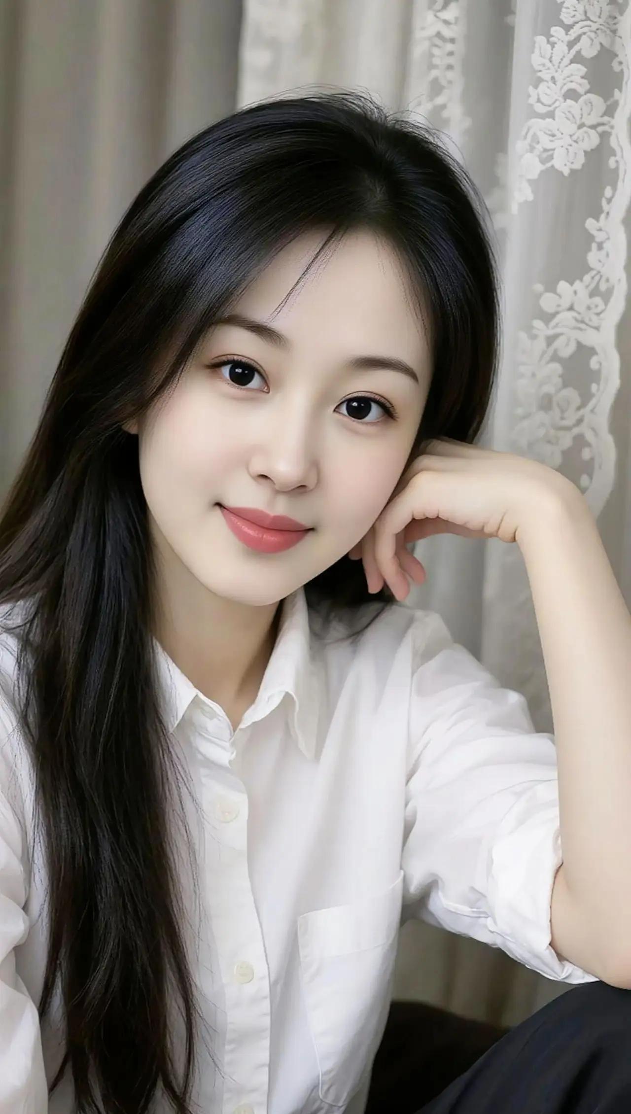温柔甜美的白衬衫少女，微笑面对镜头，散发着青春的气息温柔白衣少女 🌟🌺🌴